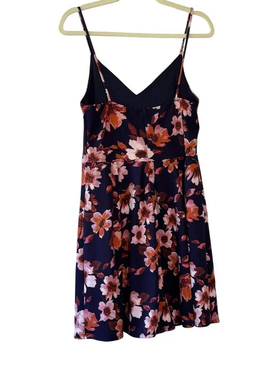 Soprano Large Blue Floral Sleeveless Fit and Flare V Neck Stretch Mini Dress - Picture 5 of 8